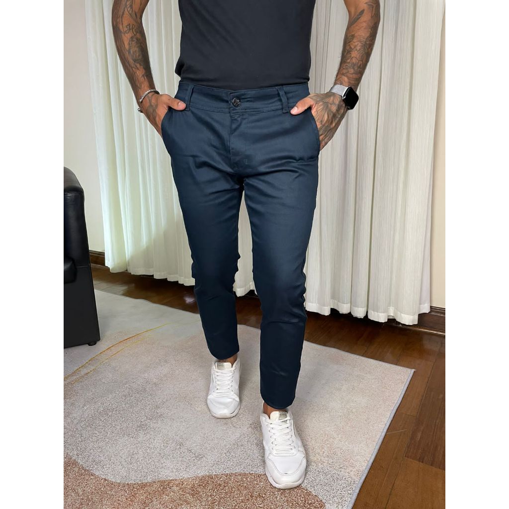 Calças Sport Fino Sarja Slim Masculina Bolso Faca