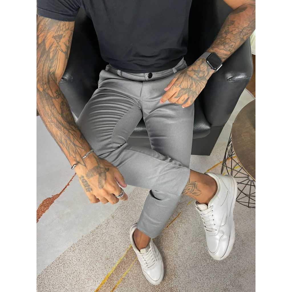 Calças Sport Fino Sarja Slim Masculina Bolso Faca