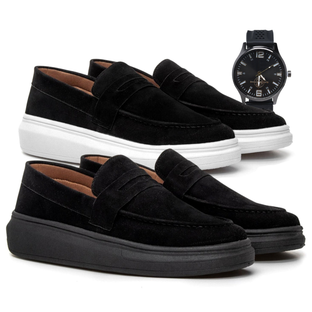 Conjunto 2 Mocassins Camurça Social + Relógio Masculino – Versatilidade e Estilo