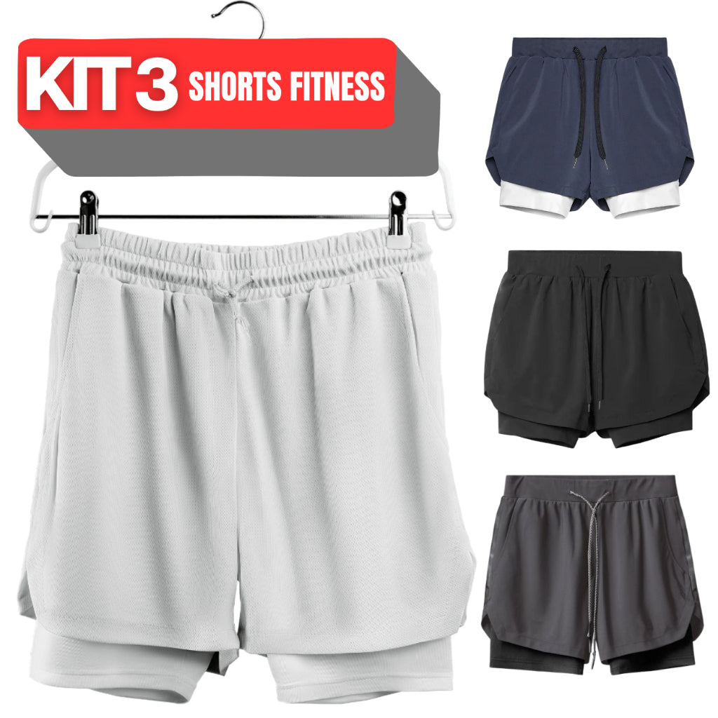 Kit 3 Bermudas 2 em 1 DryFit Masculinas – Forro Microfibra, Bolso Celular & Suporte Camiseta